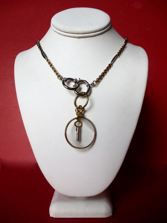 Antique Art-Deco White & Yellow Brass Double Watch Chain Necklace With Monocle and Key Pendants/Steampunk