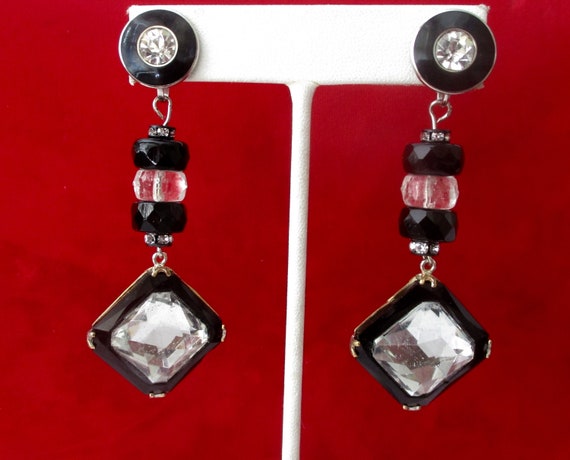 Pair of Vintage 3-Inch  Art-Deco Screw Back Earrings With French Jet, Paste & Enamel
