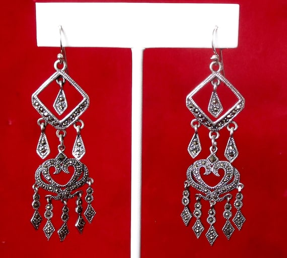 Pair of Vintage Sterling Silver & Marcasite 2 3/4-Inch Drop/Dangle Earrings/Boho/Hippie