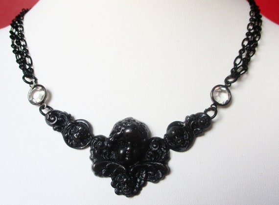 Vintage Black Bronze Cupid/Angel/Putti Necklace/Gothic/Boho/Steampunk/Hippie