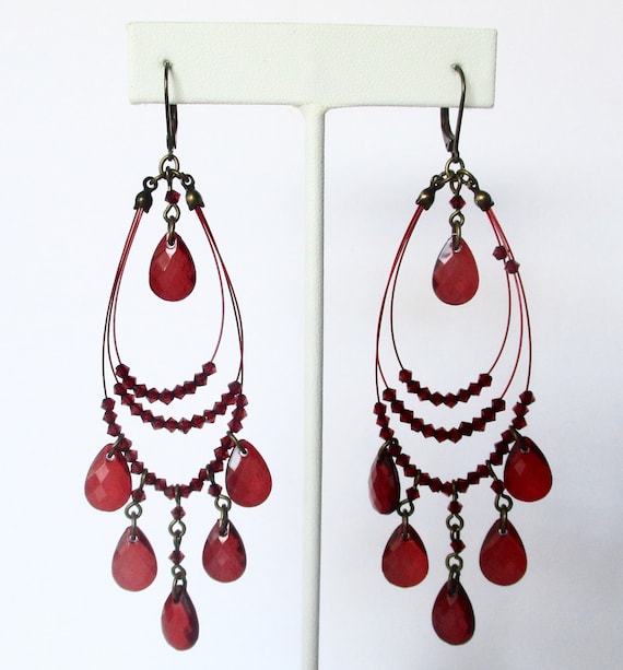 Pair of Vintage 4-Inch Deep Red/Burgundy Lucite Gypsy Runway Earrings/Hippie/Boho/Shabby Chic