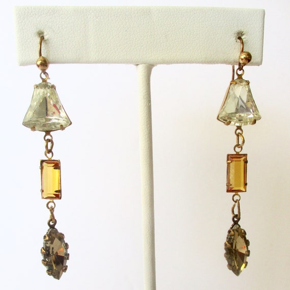 Pair of Vintage  Victorian-Inspired Crystal Rhinestone & Brass  Earrings