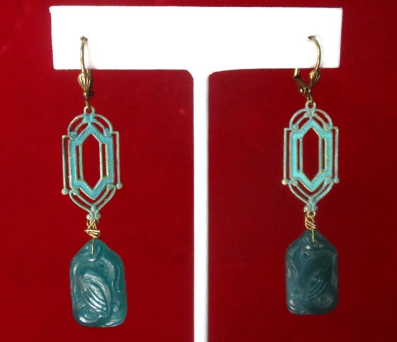 Pair of Vintage Hand Painted Teal Deco Earrings With Glass Pendants/Boho/Shabby Chic/Hippie