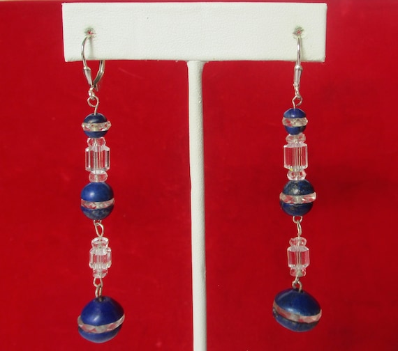 Pair of Antique Art-Deco Lapis Lazuli & Crystal 3-Inch Earrings/Lapis Lazuli