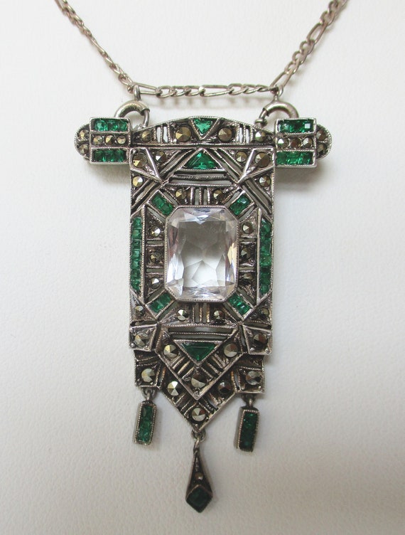 Antique Art-Deco Sterling Silver & Paste Pin/Pendant Necklace With Marcasites