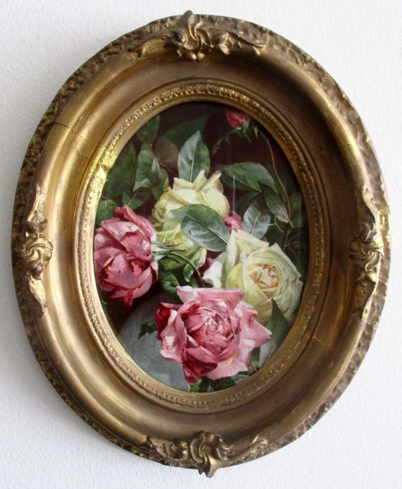Antique 19th Century Oval Gilt Frame With Floral  Hand-Painted Chromolithograph