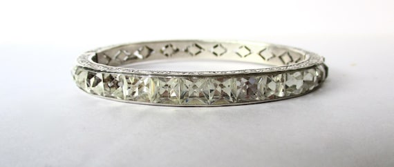 Antique Art-Deco Sterling Silver & Clear Paste Hinged Bangle Bracelet