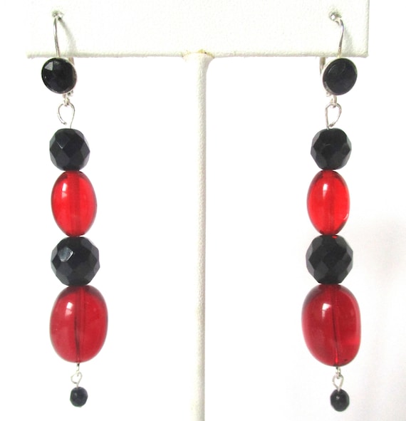 Pair of Vintage Sterling Silver  Red Crystal & French Jet Earrings