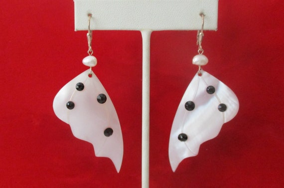 Pair of Vintage 3-Inch  Sterling Silver & Mother-of-Pearl Summer/Wedding Earrings