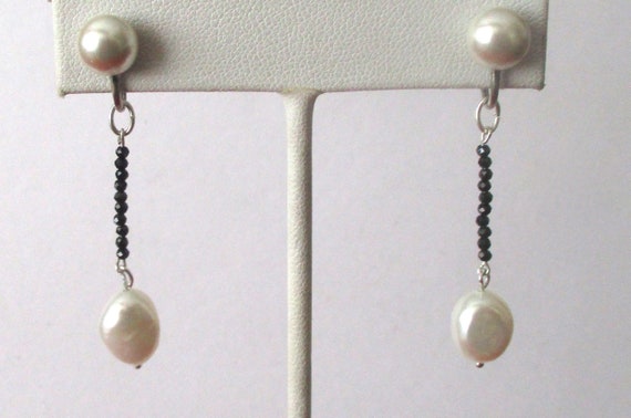 Pair of Vintage Screw Back Earrings With Cultured Pearls & Micro Black Spinels