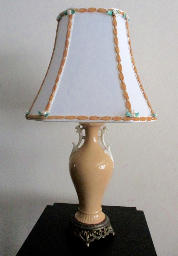 Vintage Coral Porcelain Lamp With Hand-Embellished Silk Shade