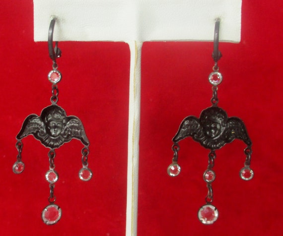 Pair of Vintage Black Angel Earrings With Crystal… - image 5