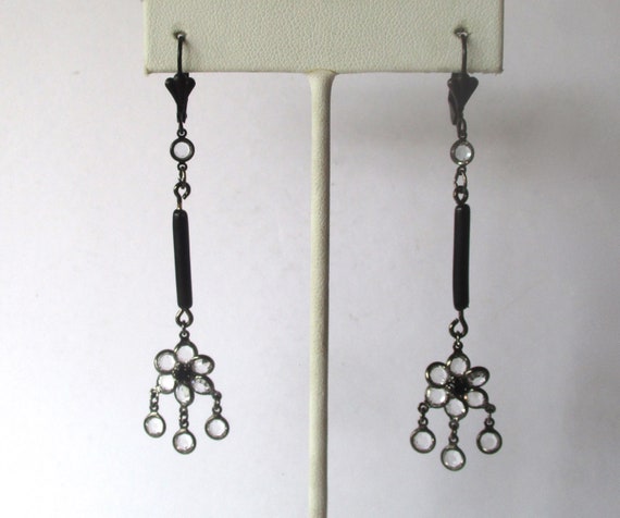 Pair of Vintage  3-Inch "Hippie" Flower  Earrings  With Black Brass & Round Crystals