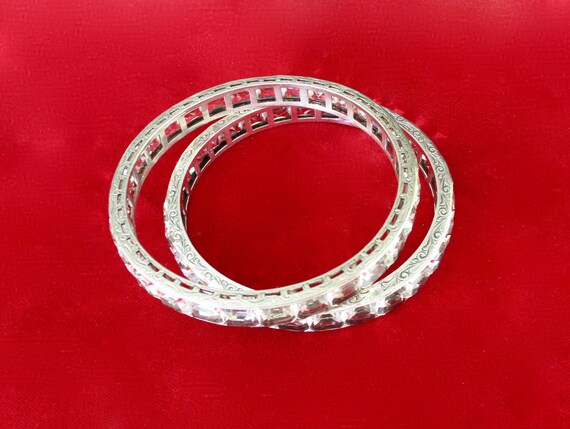 Pair of Rare Art-Deco Hingeless 5/16-Inch Sterling Silver & Paste Bangle Bracelets