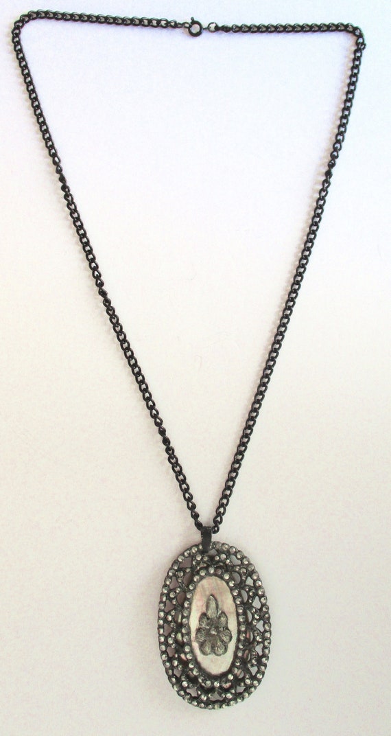 Antique Marcasite & Mother-of-Pearl Pendant Neckl… - image 3