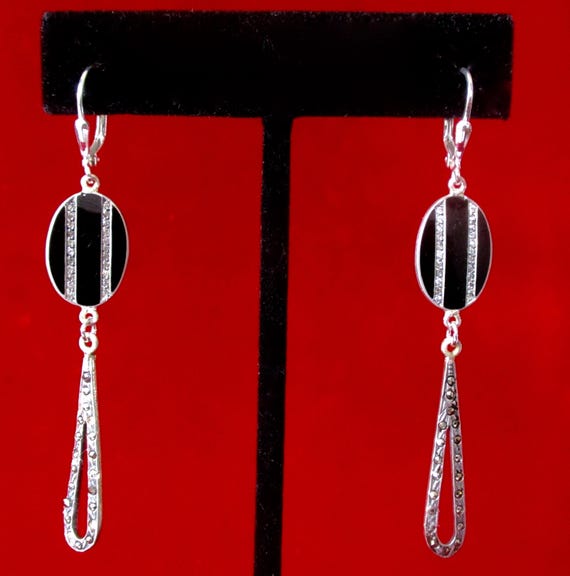 Pair of Extraordinary Edwardian Sterling Silver, Black Enamel, Clear Paste & Marcasite Earrings