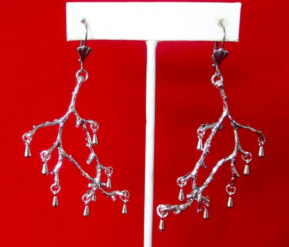 Pair of Vintage Silver Tone Branch Earrings With Droplets