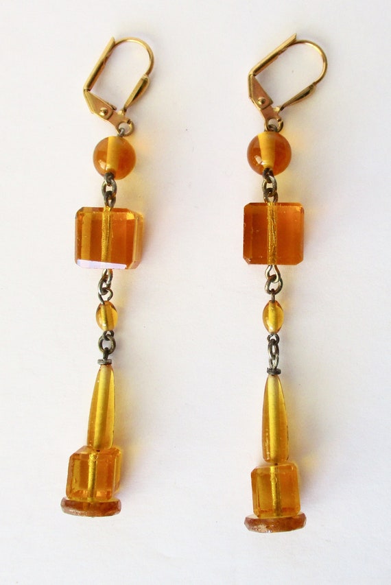 Antique Art-Deco 3-Inch Topaz Yellow Crystal Earr… - image 3
