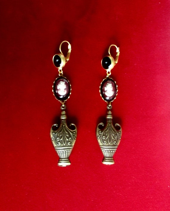 Pair of Vintage Urn & Cameo Earrings/Boho/Hippie/Shabby Chic