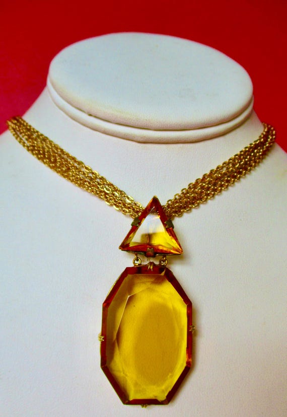 Antique Deco Octagonal Paste Pendant Necklace With Detail/Brooch