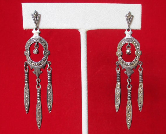 Pair of Vintage  Dark Patina Sterling Silver & Marcasite Post Dagger Earrings/Gothic/Boho/Shabby Chic/Hippie