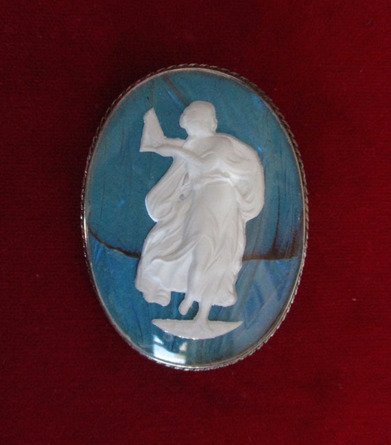 Vintage Sulphide-Etched "Classical Lady" Butterfly Wing Brooch