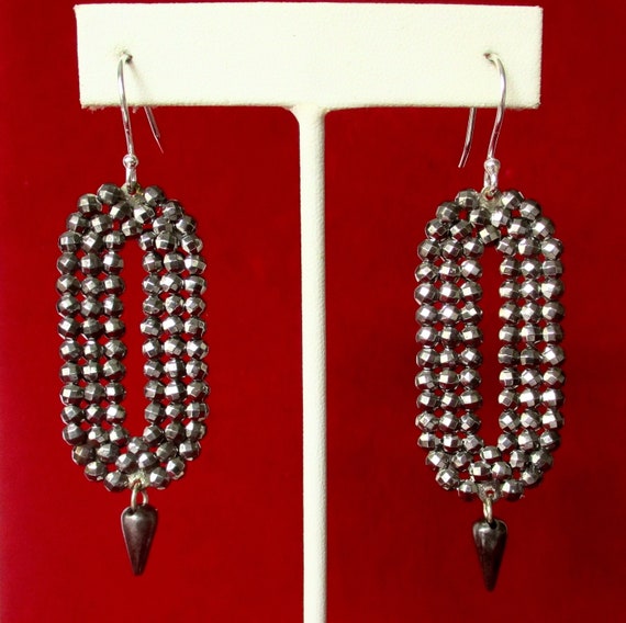 Pair of Antique 3-Inch Triple Row Cut Steel Earrings/Boho