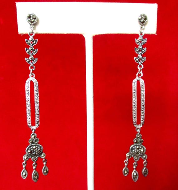 Pair of Vintage Sterling Silver & Marcasite 3-Inch Earrings/Boho/Hippie