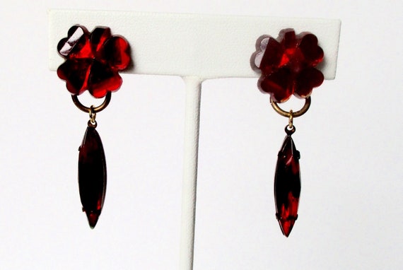 Pair of Vintage Vauxhall Deep Red Glass Clip-On Earrings/Boho/Shabby Chic
