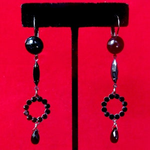 Pair of Vintage Art-Deco Style French Jet (Black Glass) 3-Inch Black Earrings/Steampunk/Boho