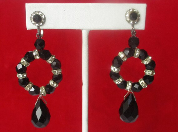 Pair of Vintage French Jet  (Black Glass) & Clear Glass Screw Back Earrings