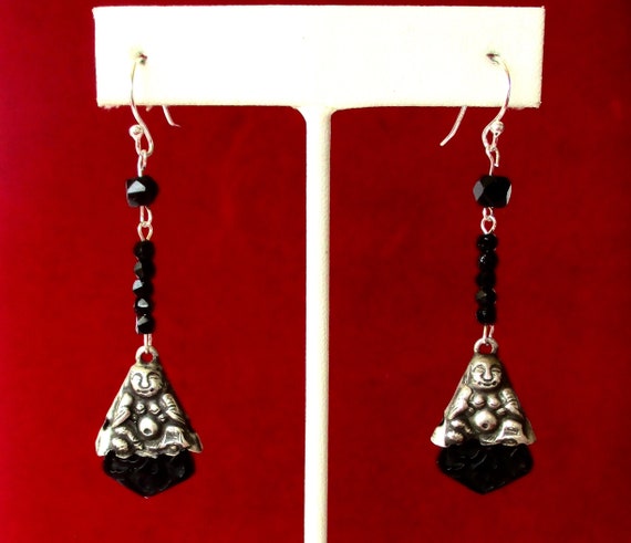Pair of Antique Chinese Silver  & Onyx Earrings/Boho/Steampunk