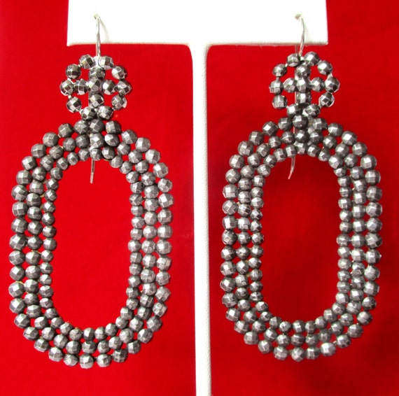 Pair of 3.25-Inch Large  Antique Cut Steel Earrings
