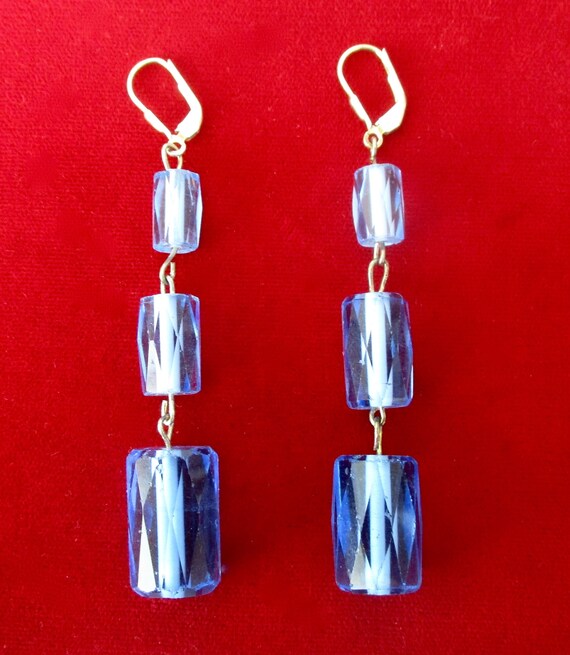 Pair of Deco Faceted Cylindrical Blue Crystal Ear… - image 3