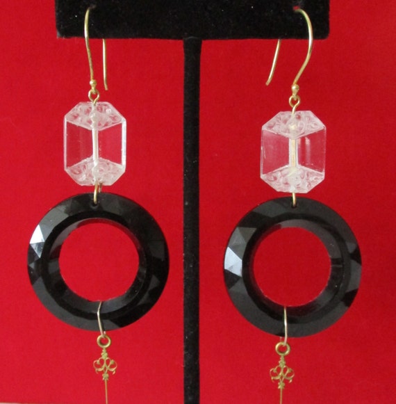 Pair of Art-Deco 3 1/2-Inch  Clear Crystal & French Jet Earrings