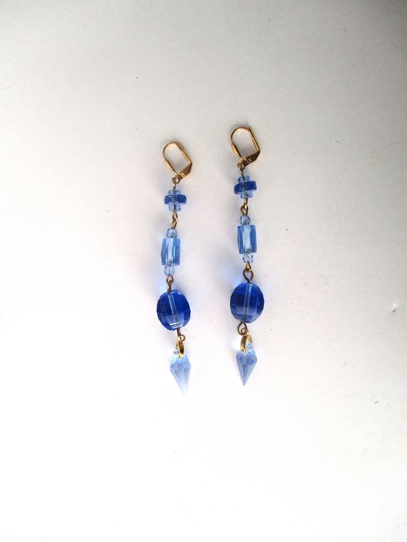 Pair of Vintage Blue Crystal Earrings With Brass Wires