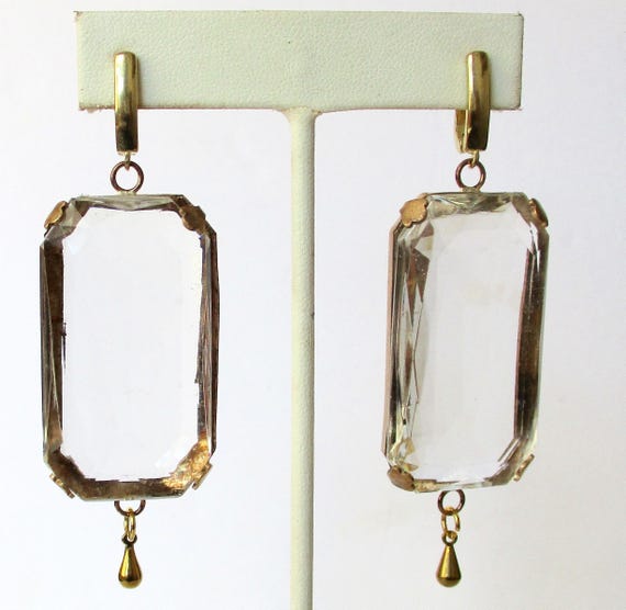 Pair of Deco Faceted Clear Crystal 3-Inch Earrings With Vermeil