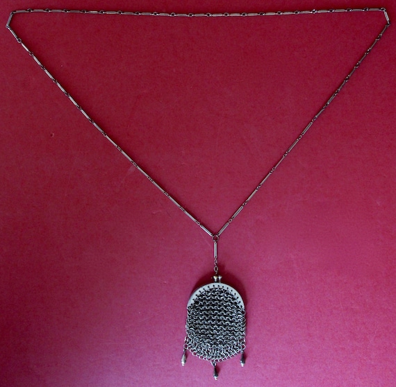 Antique Victorian Steel Mesh Mini-Purse With Steel Link 37-Inch Chain Necklace