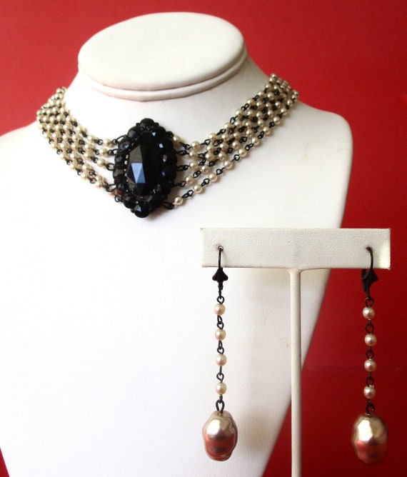 Jewelry Set: Antique French Jet & Glass Pearl  Bead  Necklace With New Matching Earrings