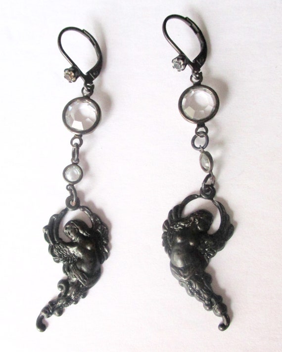 Pair of Vintage Black Angel Earrings With Crystal… - image 3