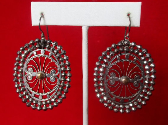 Pair of Antique Cut Steel Earrings With Rose Gold Gilt & Filigree