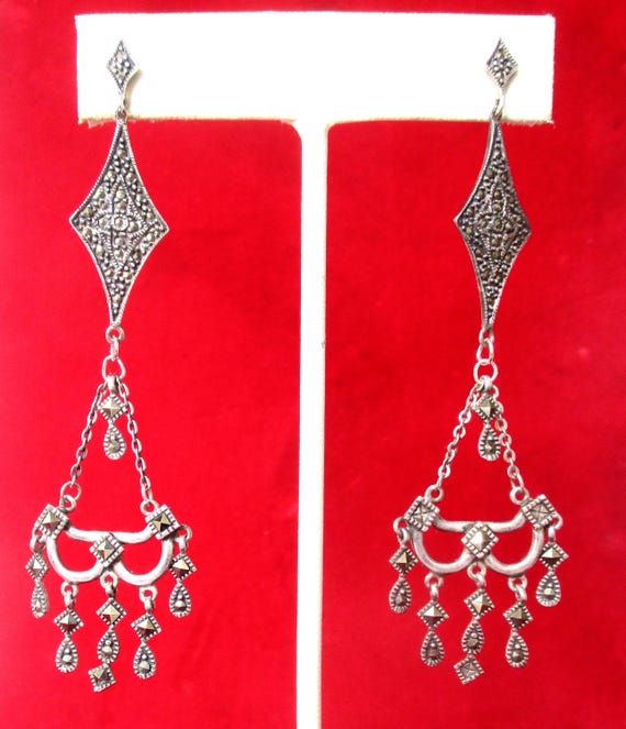 Pair of Vintage 3-Inch Sterling Silver & Marcasite  Chandelier Earrings/Boho/Hippie