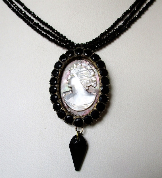 Antique Hand-Carved Mother-of-Pearl Cameo Necklace With Natural Black Spinel Beads