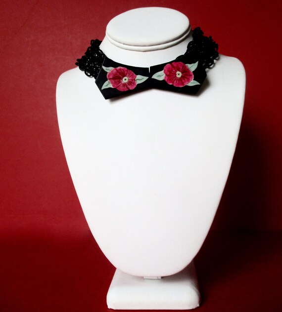Vintage Black Celluloid Choker Necklace With Hand-Painted Clasp/Boho/Shabby Chic