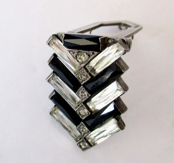 Antique Art-Deco Sterling Silver Dress Clip With Black & Clear French Cut Baguettes