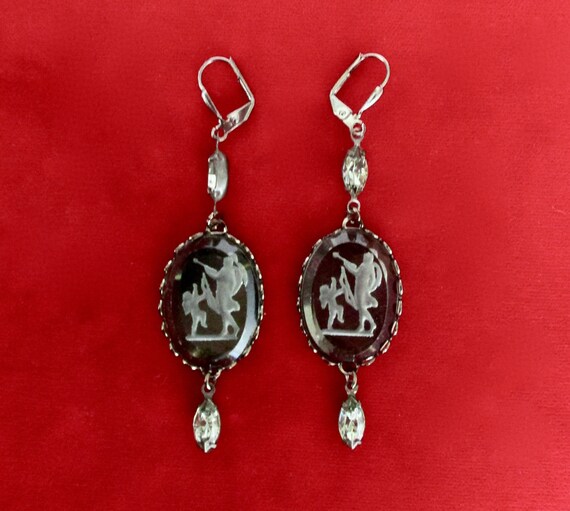 Pair of Vintage Gray Crystal  2 1/2-Inch Intaglio Cabochon Earrings/Boho/Shabby Chic/Steampunk/Gothic