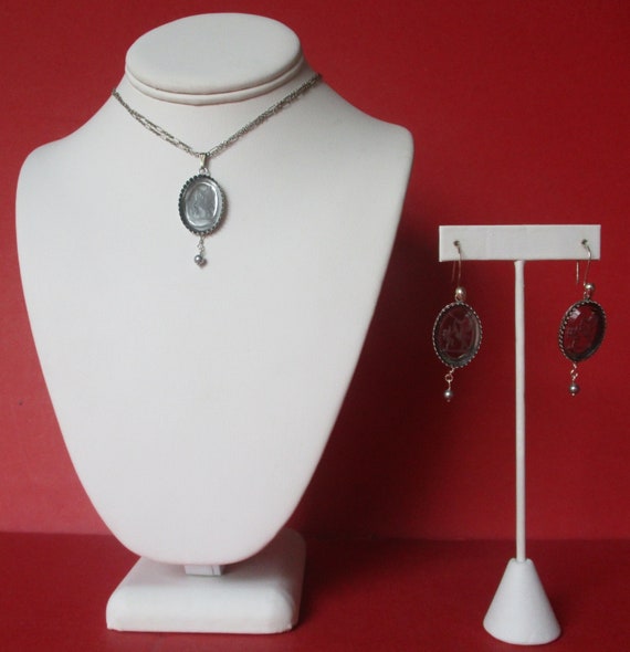 Vintage Jewelry Set:   Sterling Silver & Gray Crystal Intaglio Pendant/Necklace With Matching Earrings/Boho/Shabby Chic/Bridesmaid