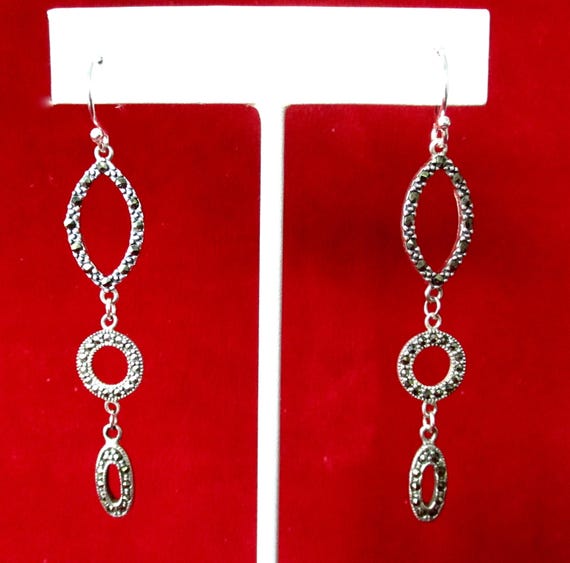 Pair of Vintage Sterling Silver & Marcasite 2 3/4-Inch Drop/Dangle Earrings/Hippie/Boho