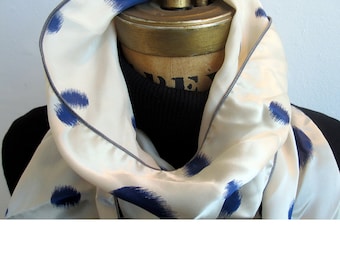 Tuxedo Scarf -Blue Silk Scarf - silk aviator scarf -white and blue skinny scarf -silk charmeuse - Le Beau Cou Scarves