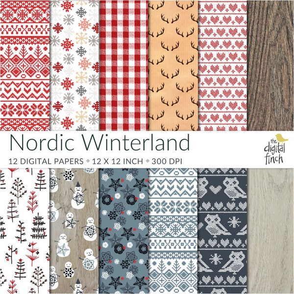 Nordic Pattern Digital Papers - Winter scrapbooking paper - 300 dpi - Christmas Winterland - instant download - commercial use